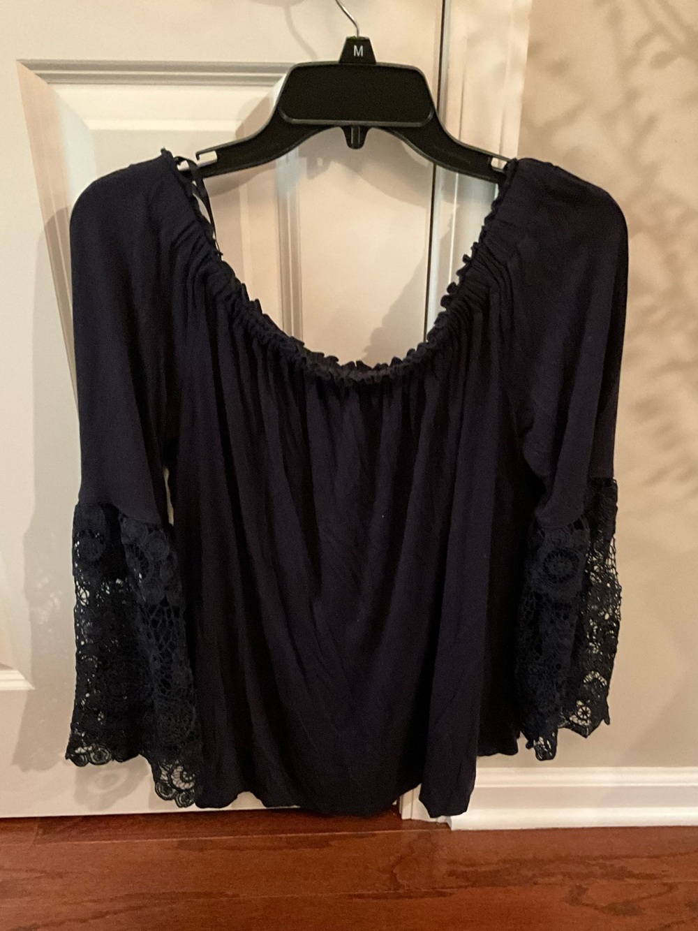 Loft Women's Navy Off-Shoulder Blouse with Lace Bell Sleeves Size Large